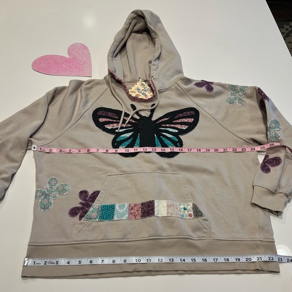 Upcycled tan hooded sweatshirt with butterfly applique & colorful butterflies - Picture 13 of 15